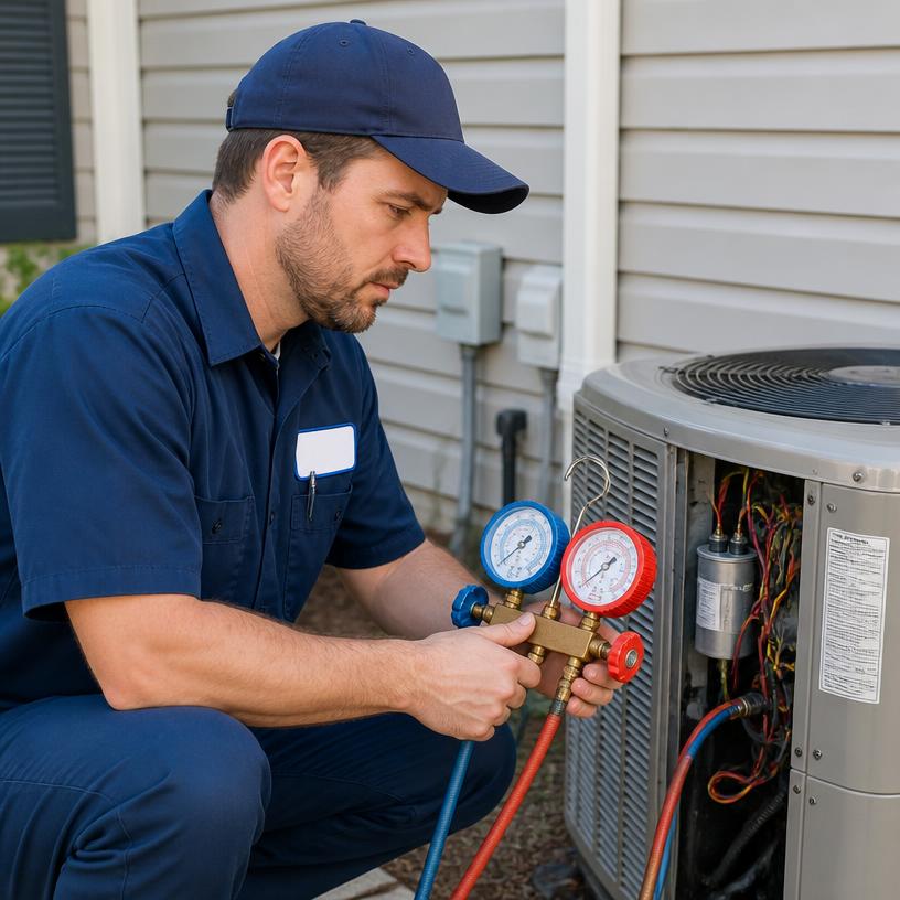HVAC technician checking refrigerant pressure with blue and red manifold gauges on a residential air conditioner during an AC repair in Palm Coast, FL