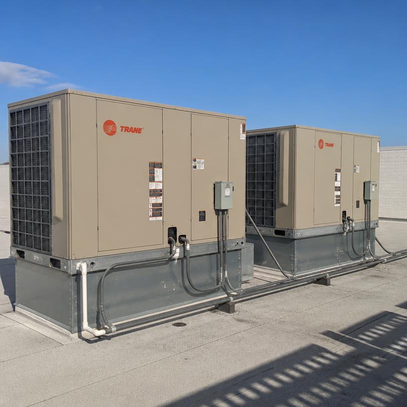 Two Trane commercial rooftop package units on a flat business roof serviced by Palm Coast HVAC in Palm Coast, FL