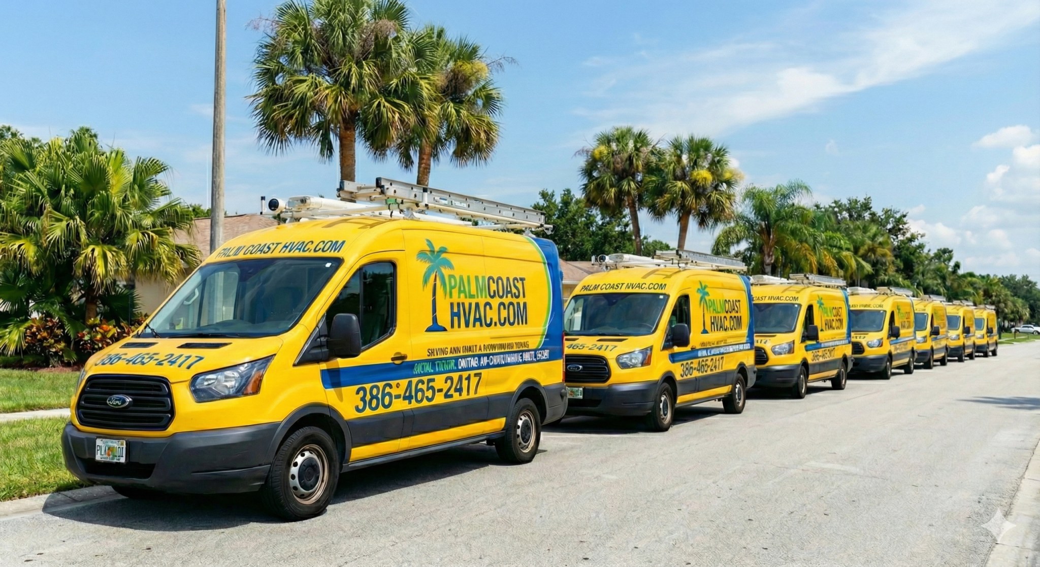 Palm Coast HVAC fleet of branded service vans lined up under palm trees in Palm Coast, Florida