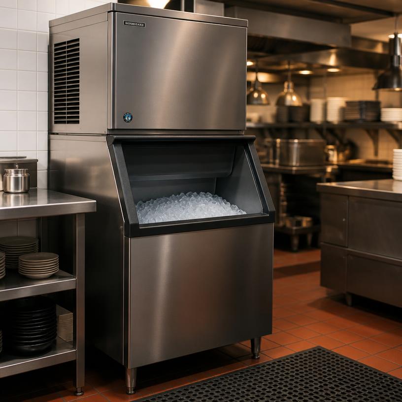 Commercial stainless steel ice machine with a full ice storage bin in a restaurant kitchen serviced in Palm Coast, FL