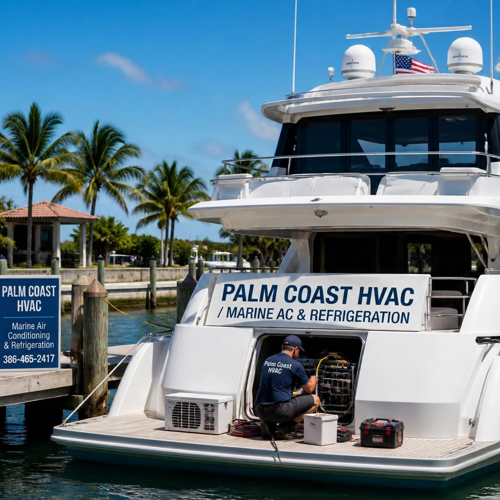 Marine air conditioning and refrigeration technician servicing a yacht dockside at a Palm Coast, FL marina