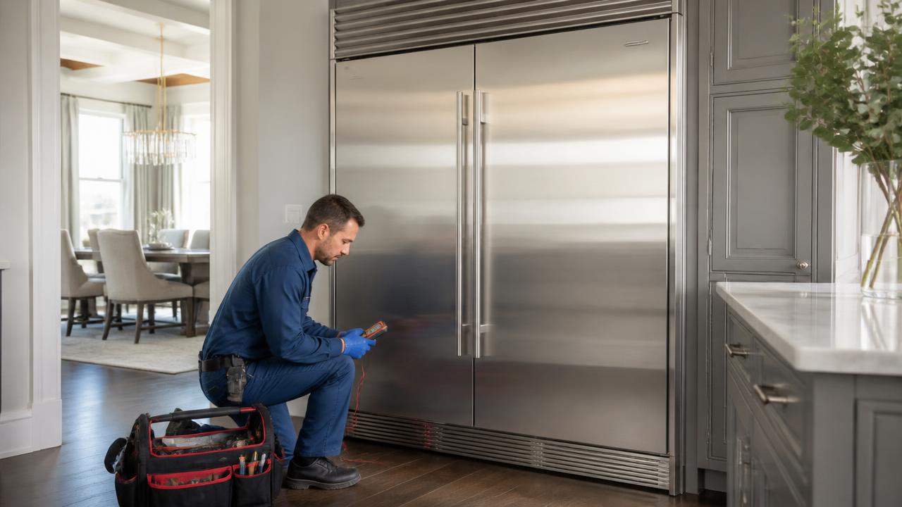 Technician repairing a stainless steel Sub-Zero built-in refrigerator in a Palm Coast, FL kitchen