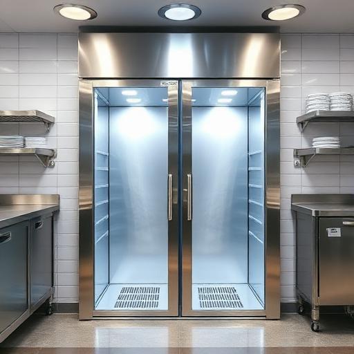 Stainless steel walk-in cooler with an evaporator unit maintained by commercial refrigeration technicians in Palm Coast, FL